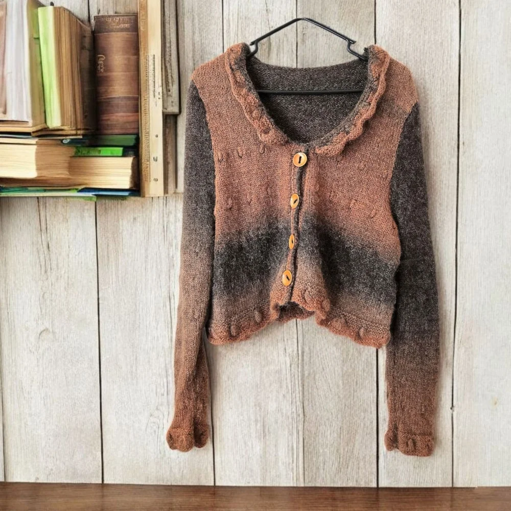 Cropped Mohair Sweater Ombre Fall Colors Ruffle Texture Boho Whimsygoth Fairy - Picture 2 of 10